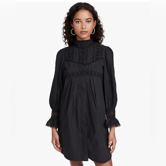 REBECCA TAYLOR Black Applique Lace Poplin Shirt Dress - Size 4 - Picture 1 of 10